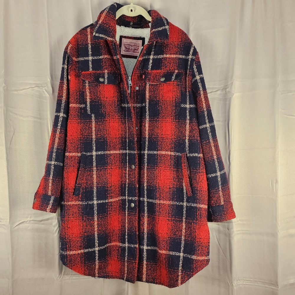 Levi's Womens Red Plaid Wool Blens Sherpa Lined‎ Shacket Shirt Jacket Medium